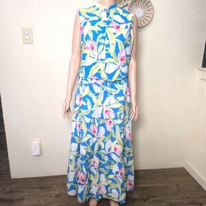RALPH LAUREN WOMENS SET of  SKIRT size S TOP BLOUSE sz M BLUE FLORAL 100% COTTON